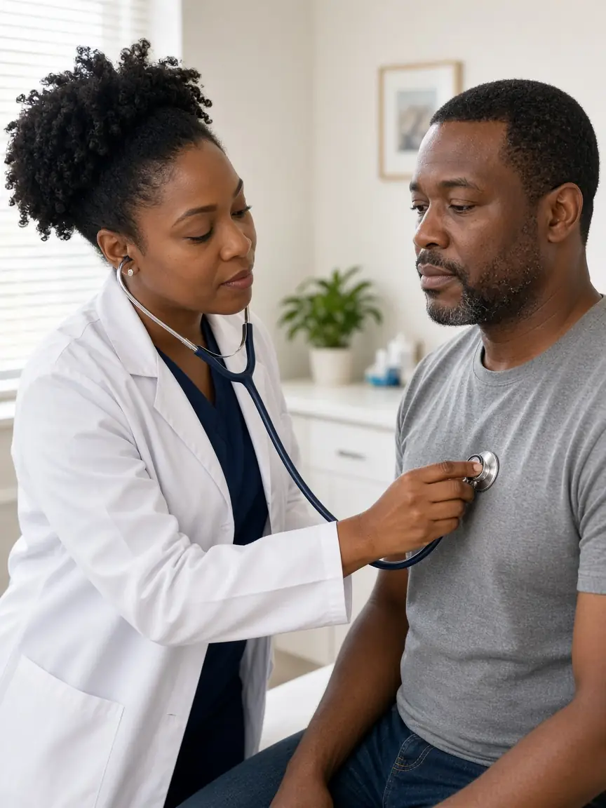 Nurse practitioner listening to a patient's heart during a routine physical exam