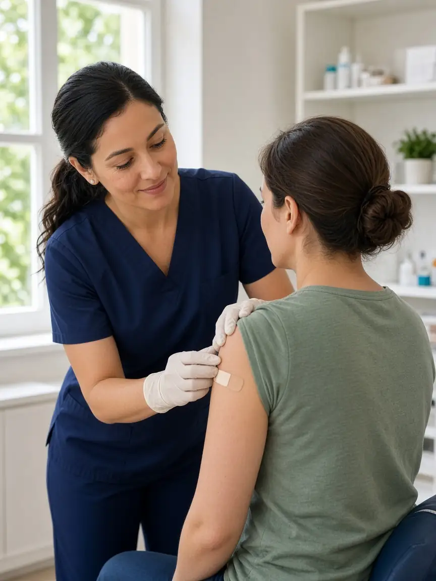 Nurse placing a bandage after an immunization