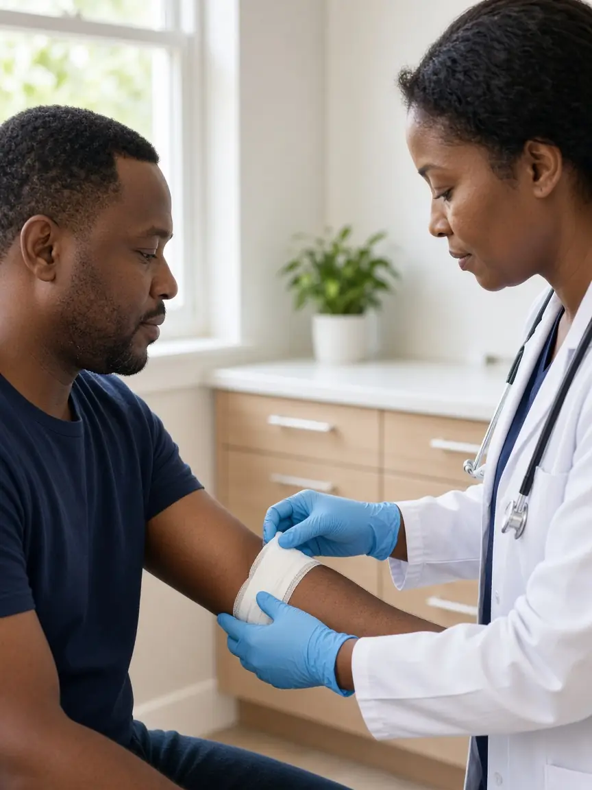 Clinician wrapping a clean bandage on a patient's arm